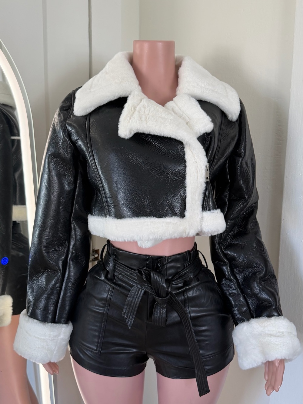 Women’s Black Faux Leather Cropped Jacket with White Faux Fur Trim